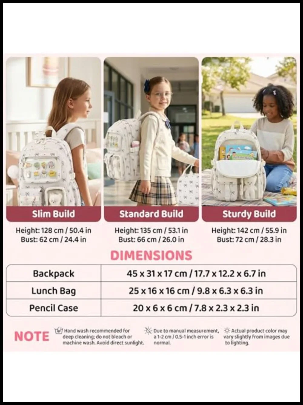 Girls Backpack with Lunch Box Kawaii Bow Corduroy Water Resistant Ita Bag